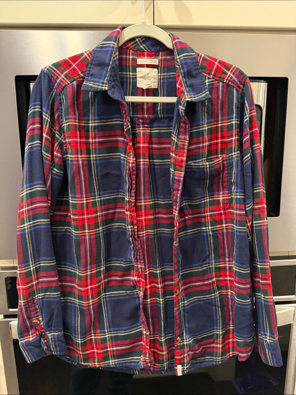 American Eagle Outfitters Red and Navy Plaid Button-Down Shirt